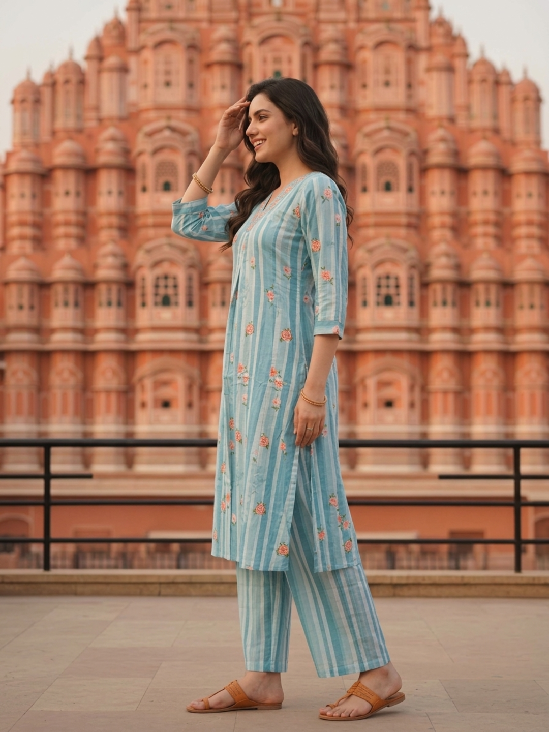 Blue Floral and Stripes Printed Embroidered Cotton A-Line Co-ord Set with Palazzo