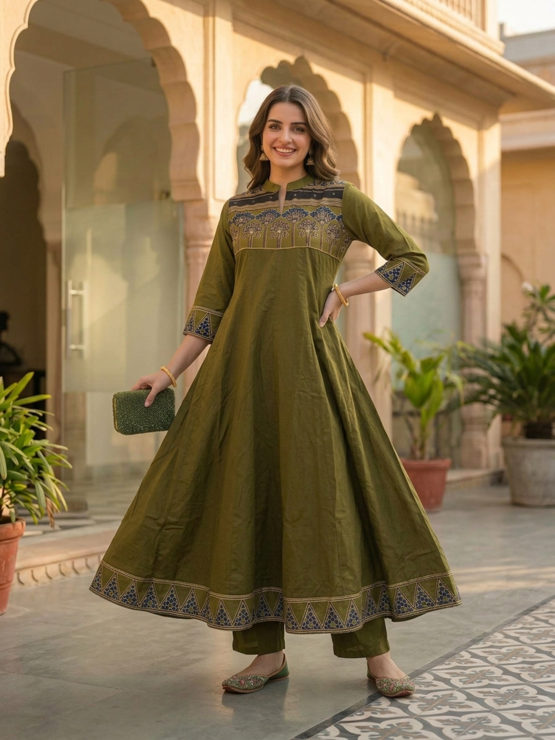 Lime Green Ethnic Printed Embroidered Cotton Anarkali Kurta Set with Pant and Printed Dupatta