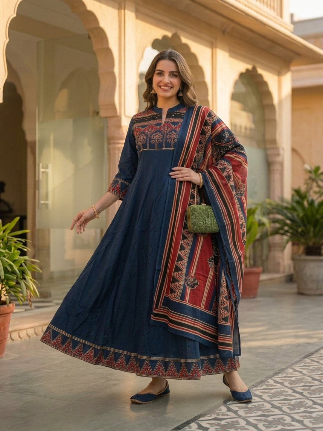 Navy Blue Ethnic Printed Embroidered Cotton Anarkali Kurta Set with Pant and Printed Dupatta