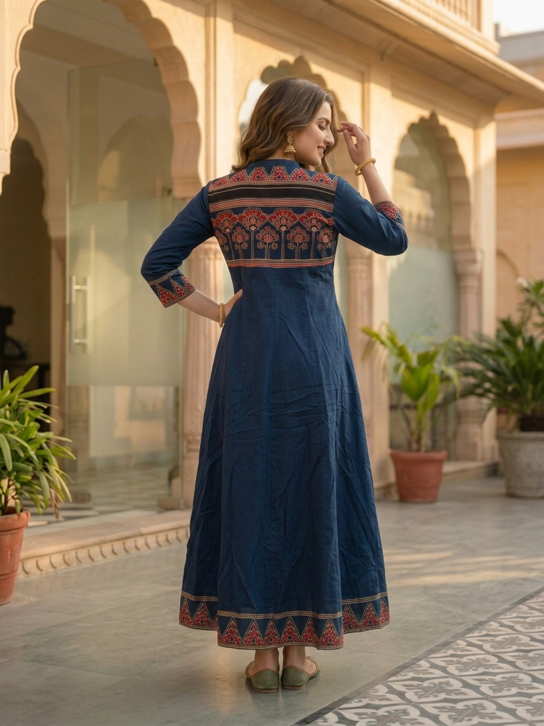 Navy Blue Ethnic Printed Embroidered Cotton Anarkali Kurta Set with Pant and Printed Dupatta