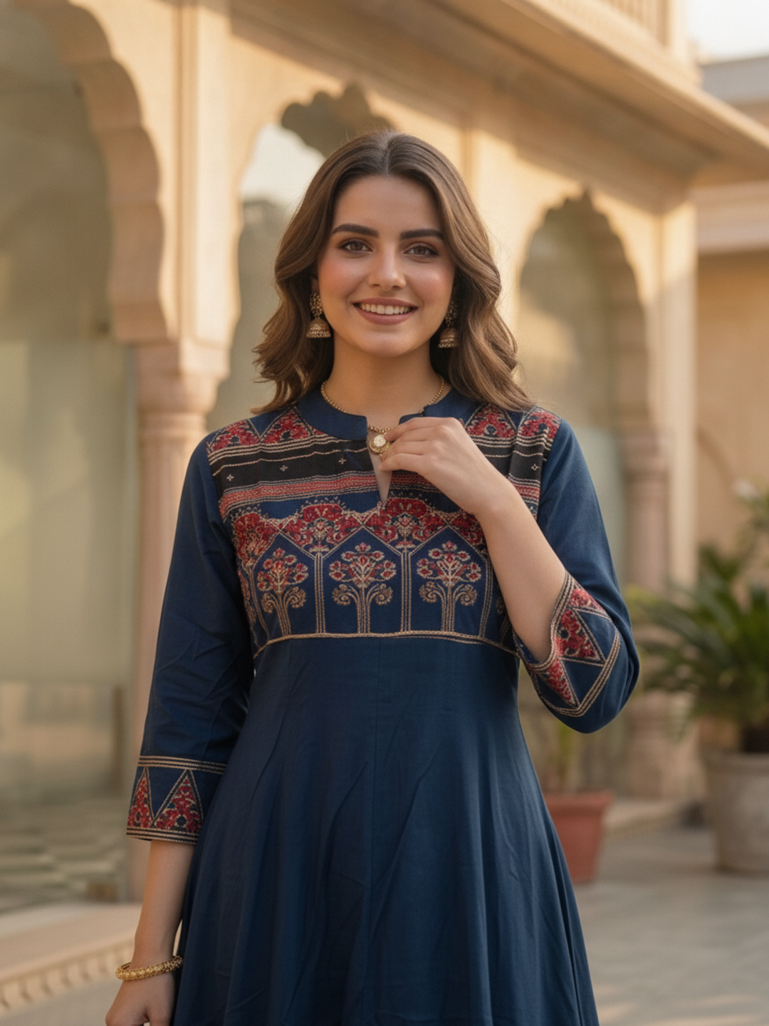 Navy Blue Ethnic Printed Embroidered Cotton Anarkali Kurta Set with Pant and Printed Dupatta