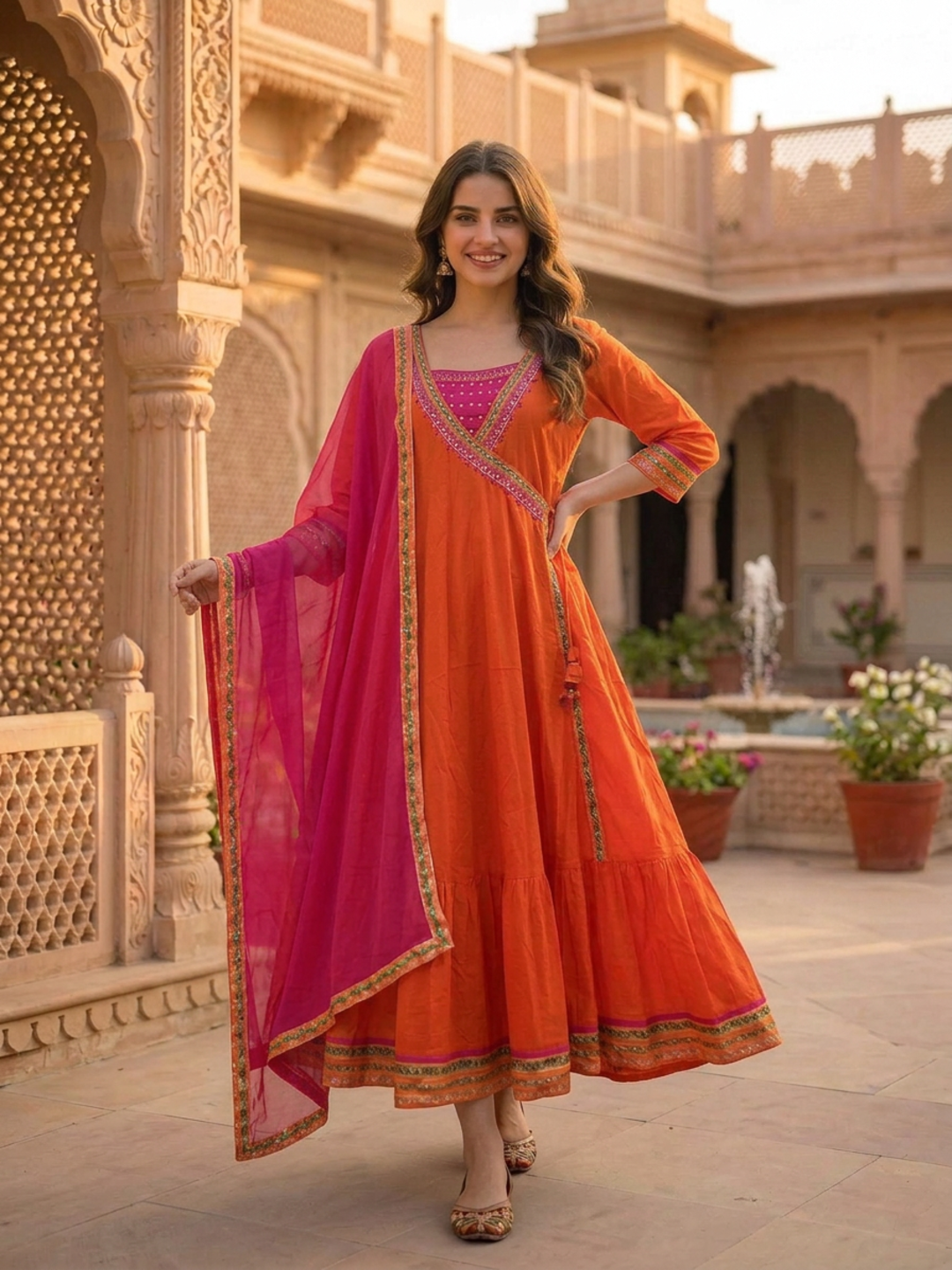 Orange Solid Ethnic Embroidered Cotton Anarkali Kurta Set with Pant and Pink Dupatta
