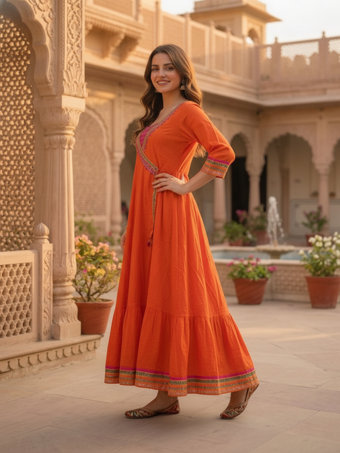 Orange Solid Ethnic Embroidered Cotton Anarkali Kurta Set with Pant and Pink Dupatta