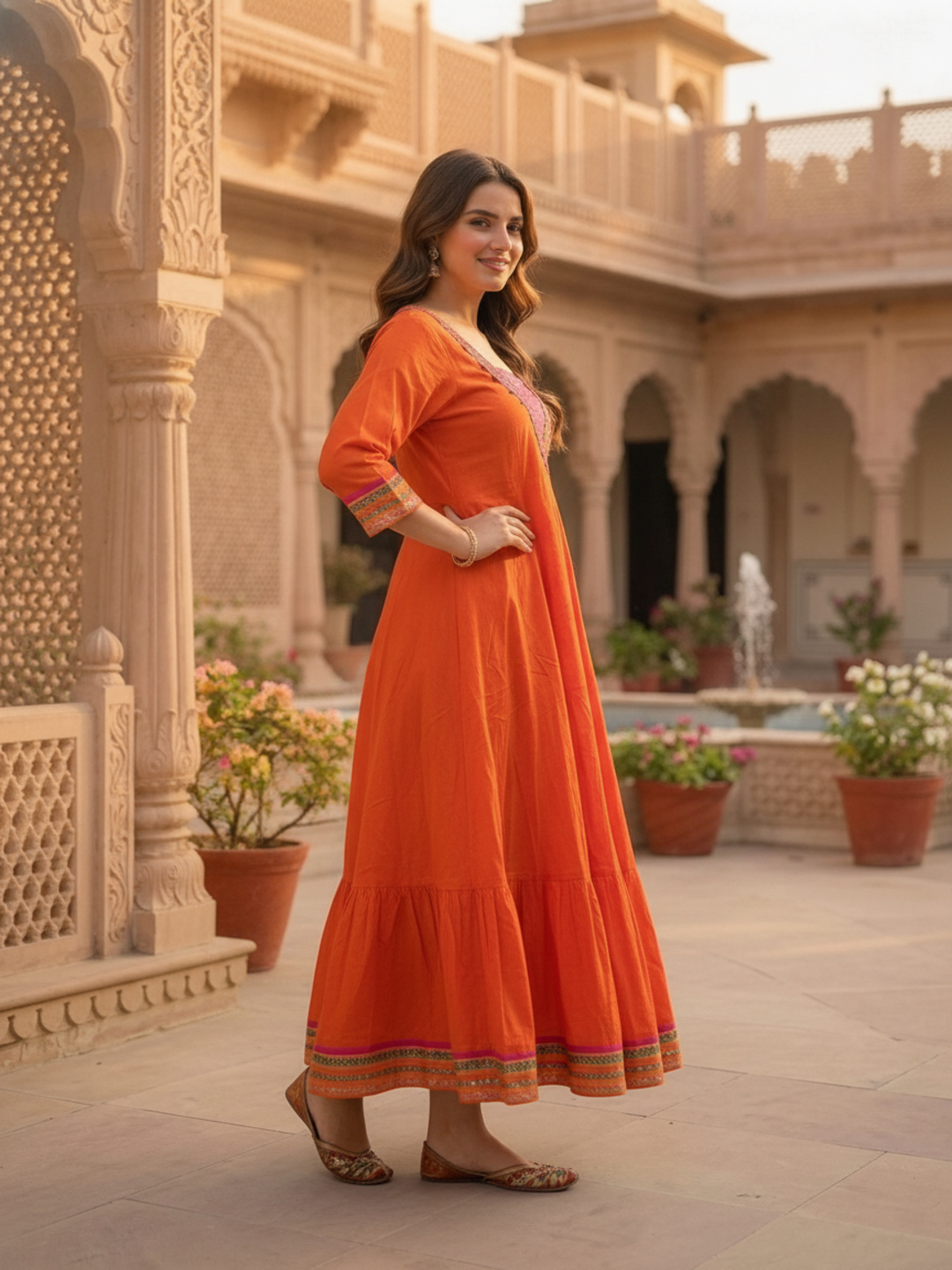 Orange Solid Ethnic Embroidered Cotton Anarkali Kurta Set with Pant and Pink Dupatta