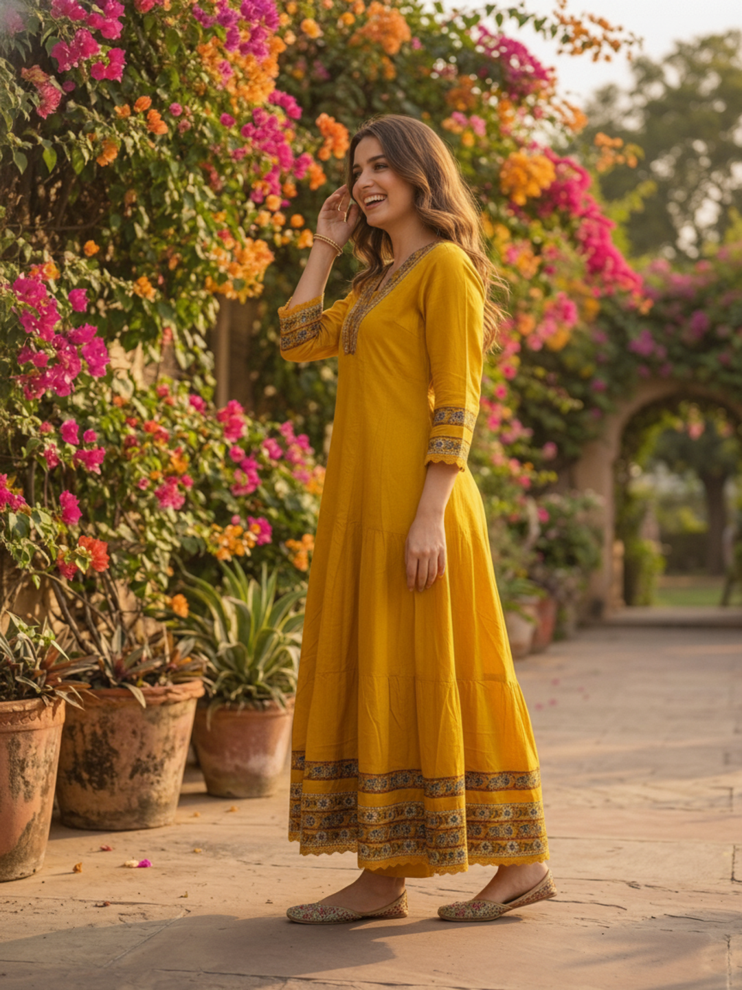 Mustard Yellow Solid Mirror Work Embroidered Cotton Anarkali Kurta Set with Palazzo and Printed Dupatta