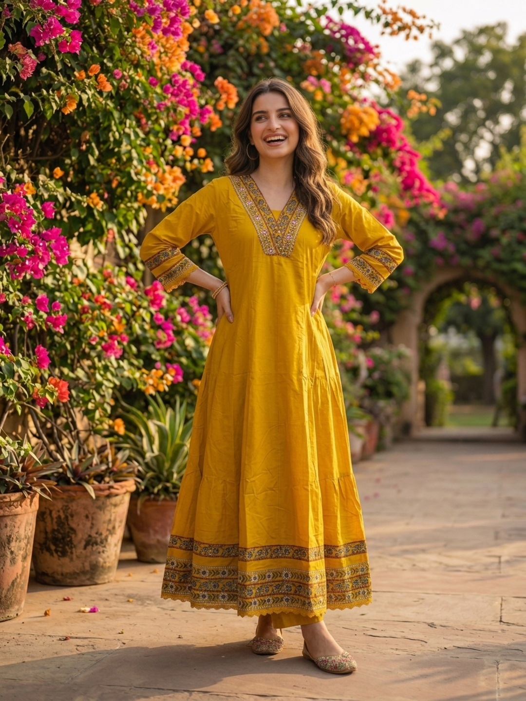 Mustard Yellow Solid Mirror Work Embroidered Cotton Anarkali Kurta Set with Palazzo and Printed Dupatta