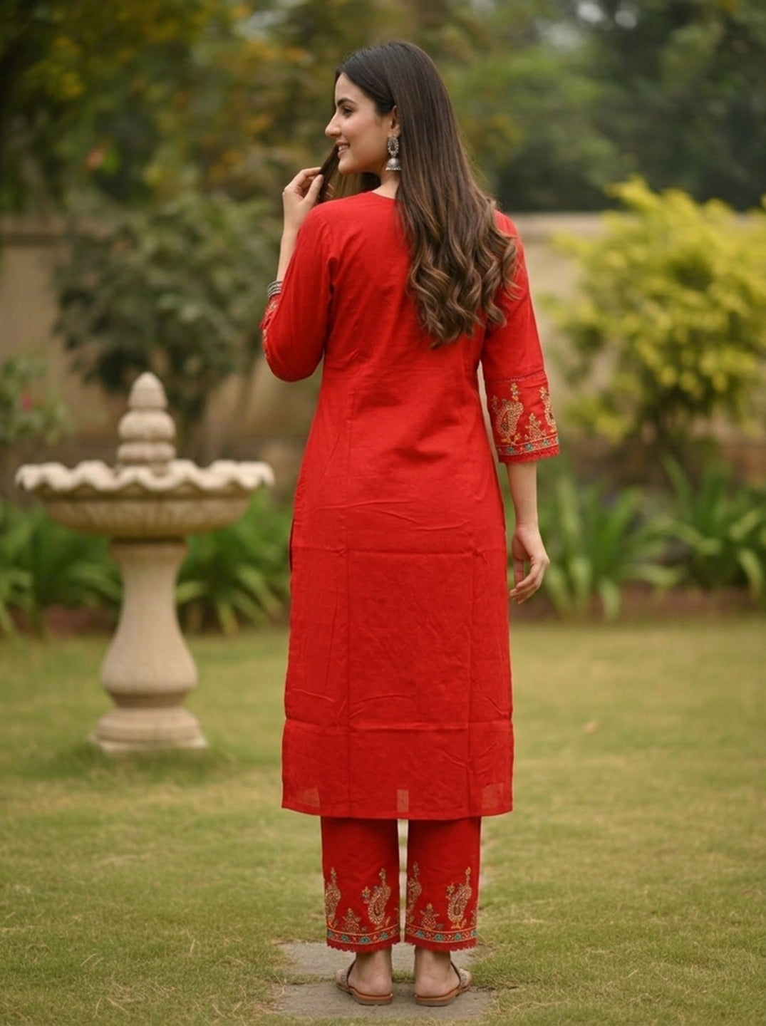 Rust Solid Floral Mirror Work Embroidered Cotton Straight Kurta Set with Salwar and Dupatta
