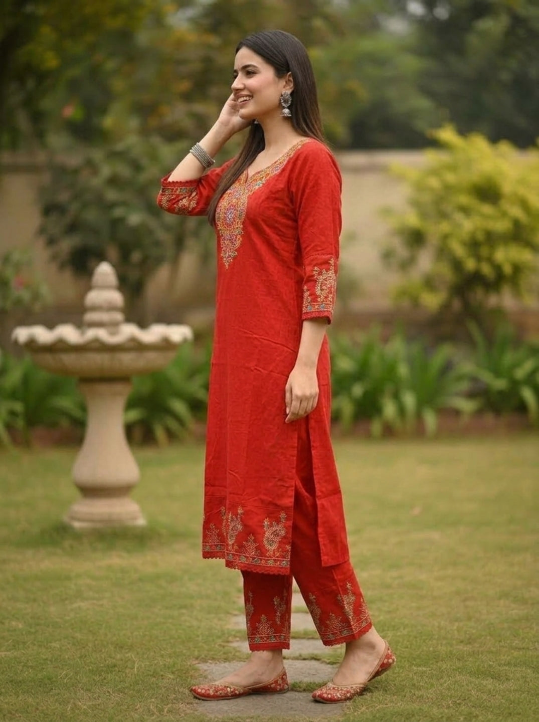 Rust Solid Floral Mirror Work Embroidered Cotton Straight Kurta Set with Salwar and Dupatta