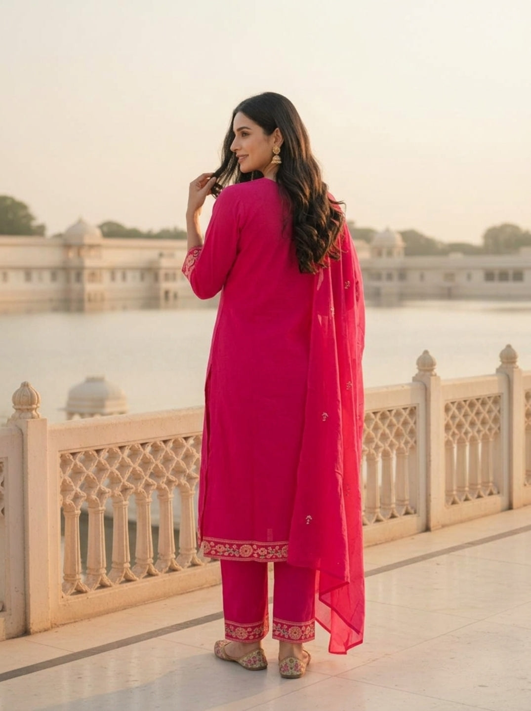 Hot Pink Solid Floral Embroidered Cotton Straight Kurta Set with Palazzo and Dupatta