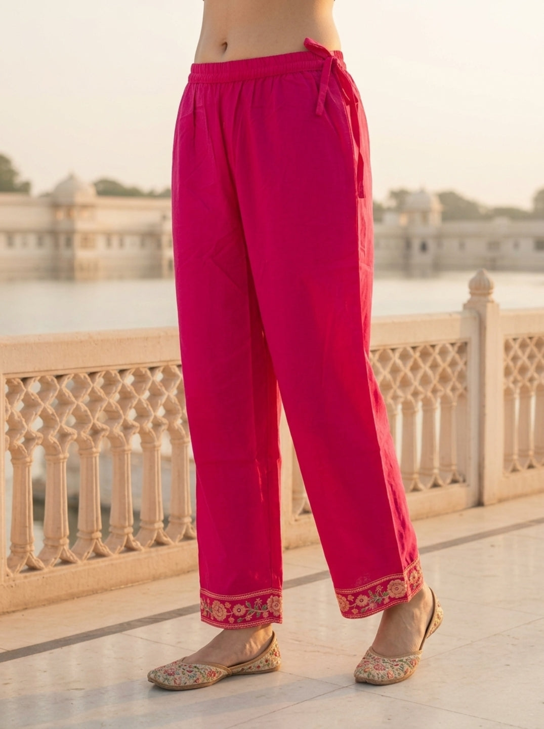 Hot Pink Solid Floral Embroidered Cotton Straight Kurta Set with Palazzo and Dupatta