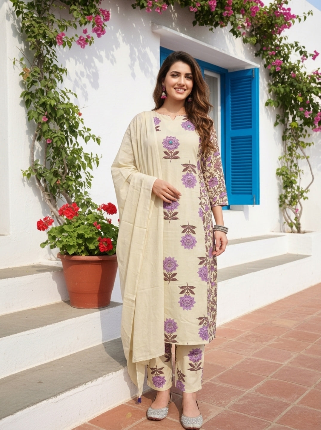 Lilac Floral Ethnic Printed Cotton A-Line Paneled Kurta Set with Palazzo and Dupatta
