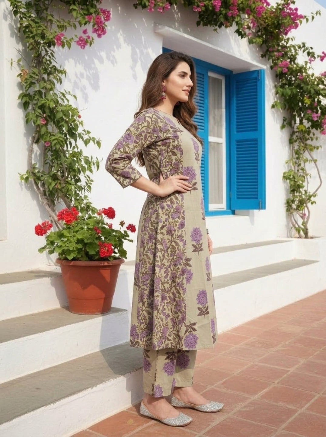 Lilac Floral Ethnic Printed Cotton A-Line Paneled Kurta Set with Palazzo and Dupatta