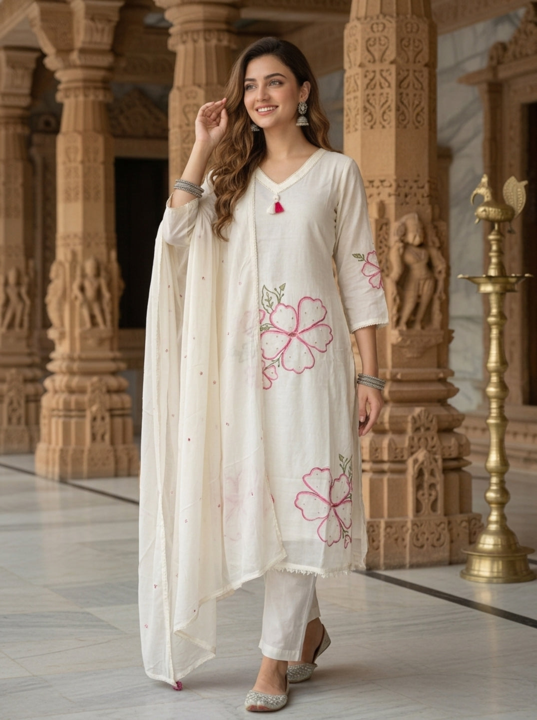 Off White Solid Floral Embroidered Cotton A-Line Kurta Set with Pant and Dupatta