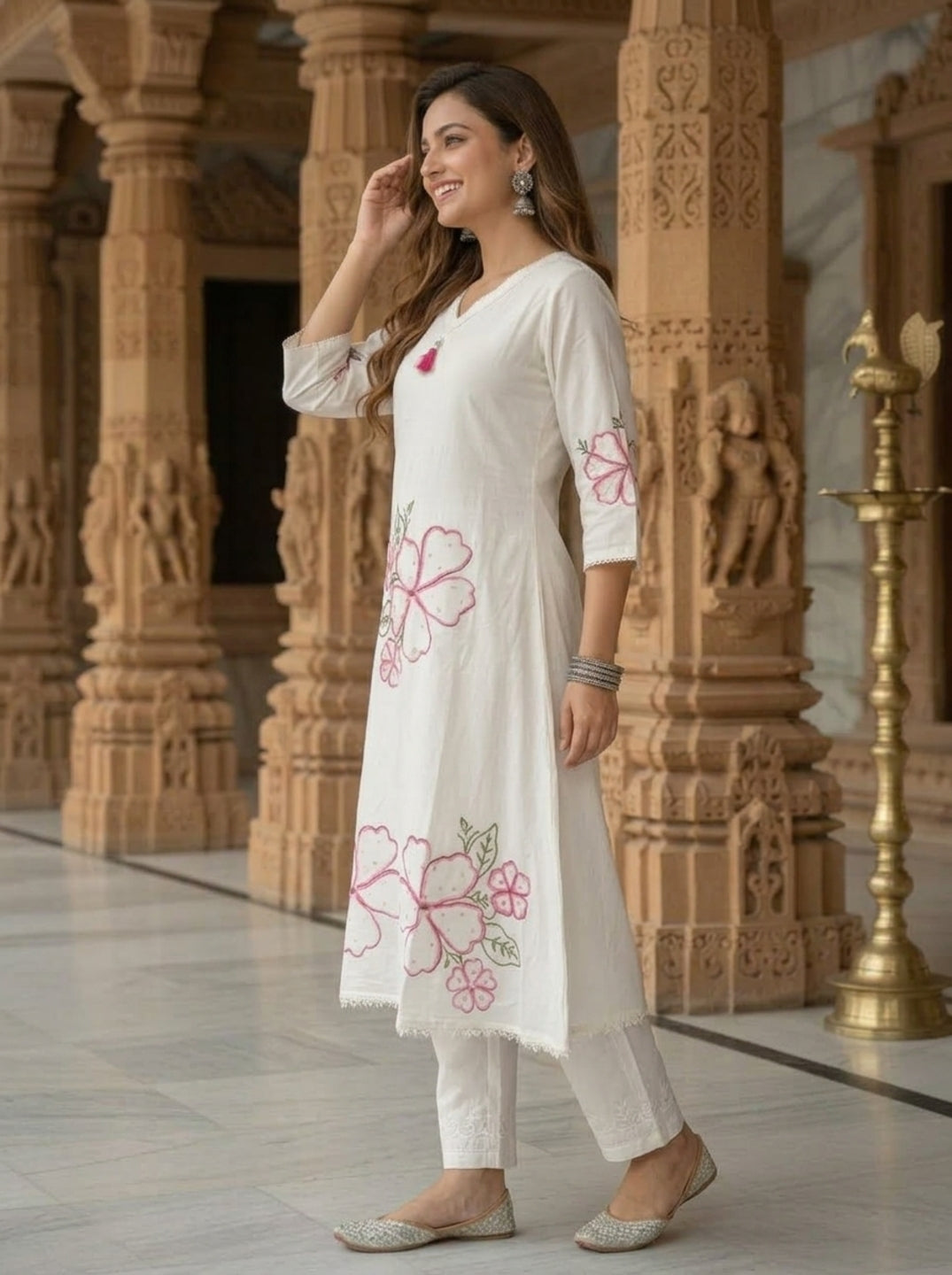 Off White Solid Floral Embroidered Cotton A-Line Kurta Set with Pant and Dupatta