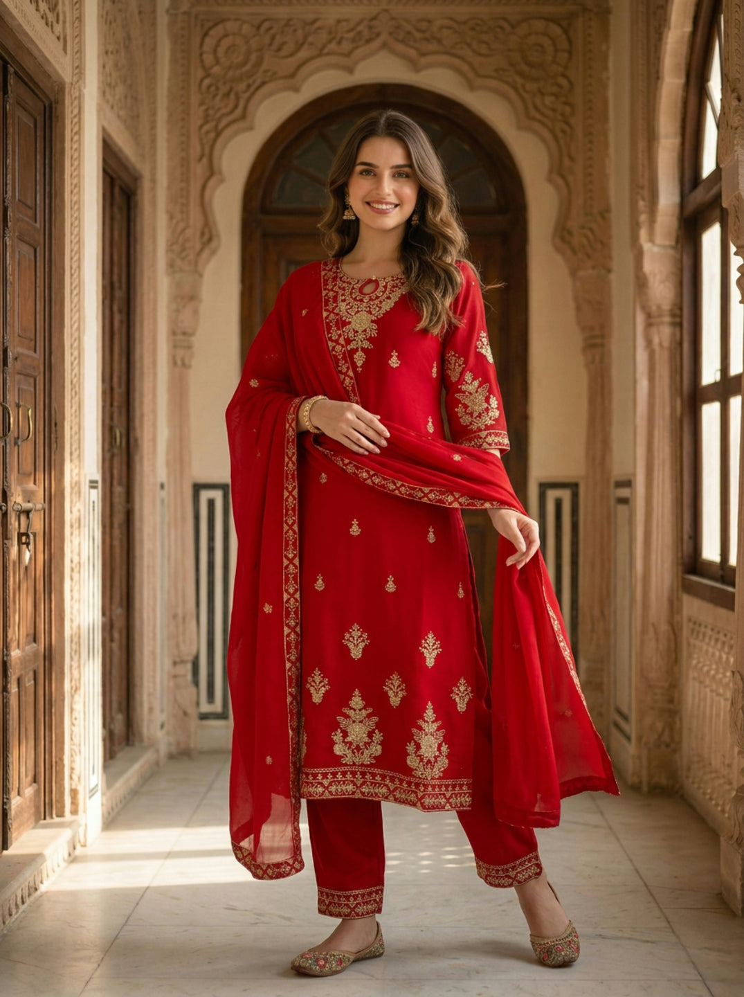 Maroon Solid Floral Hand-Embroidered Georgette Straight Kurta Set with Pant and Dupatta