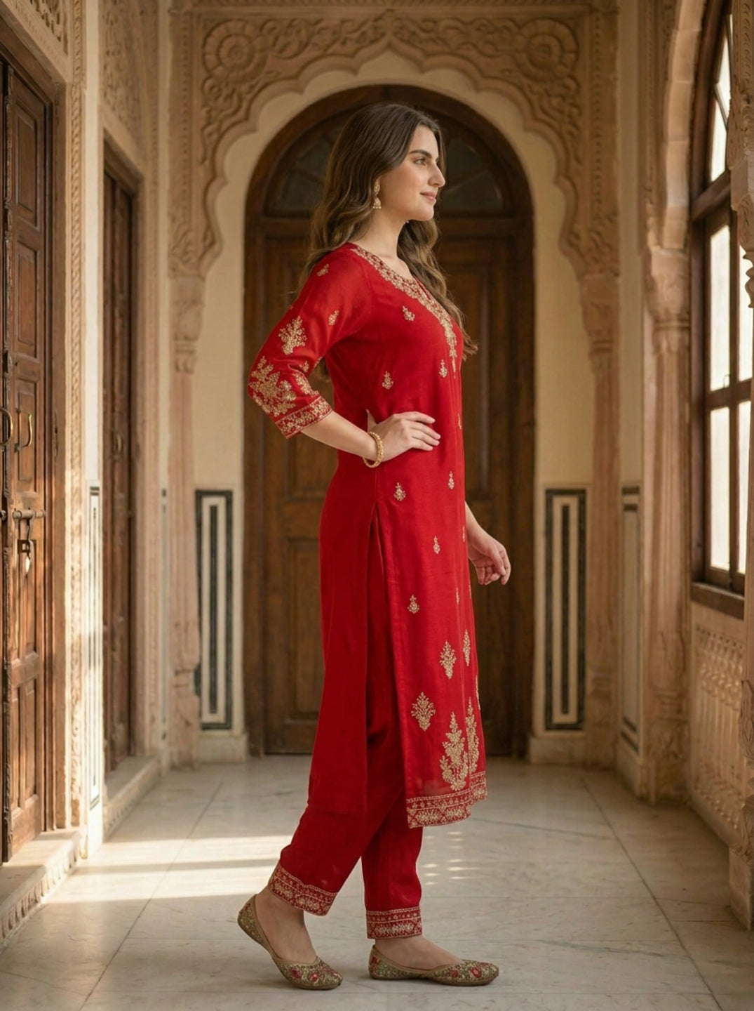 Maroon Solid Floral Hand-Embroidered Georgette Straight Kurta Set with Pant and Dupatta