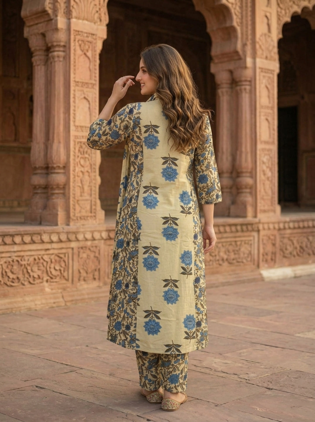 Blue Floral Ethnic Printed Cotton A-Line Paneled Kurta Set with Palazzo and Dupatta