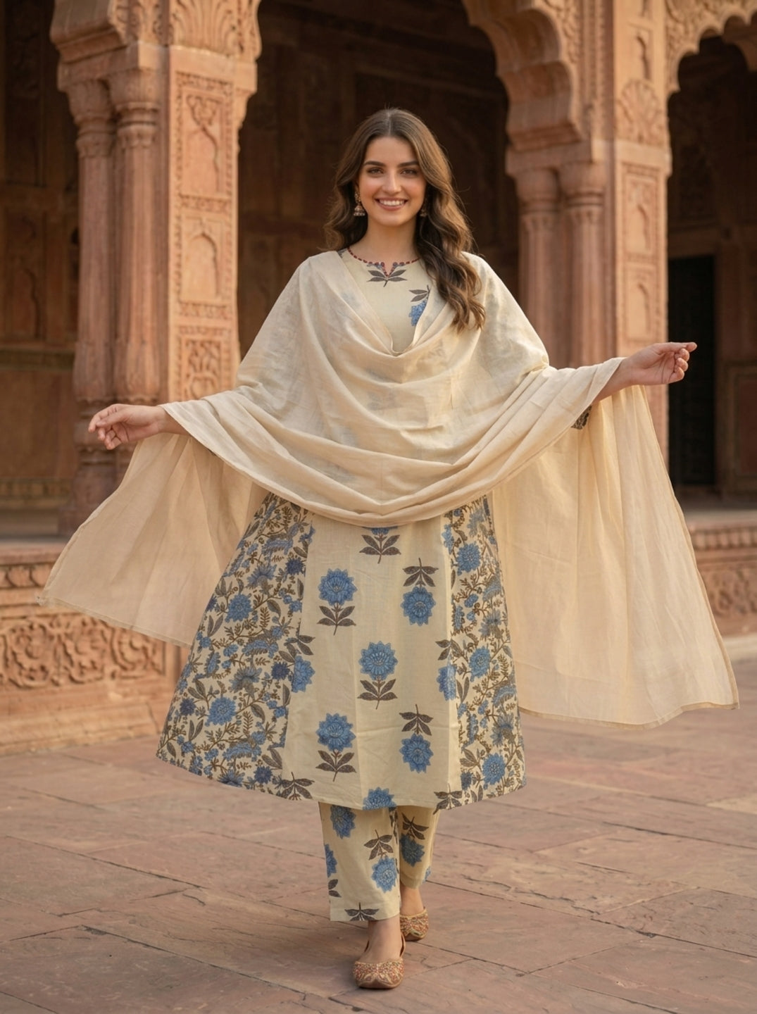 Blue Floral Ethnic Printed Cotton A-Line Paneled Kurta Set with Palazzo and Dupatta