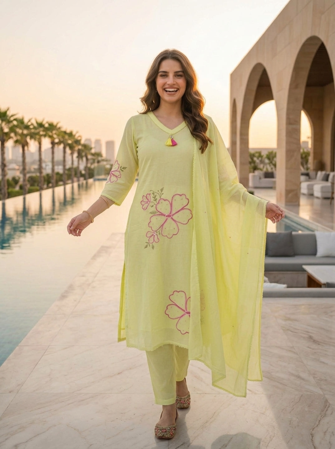 Pista Green Solid Floral Embroidered Cotton A-Line Kurta Set with Pant and Dupatta