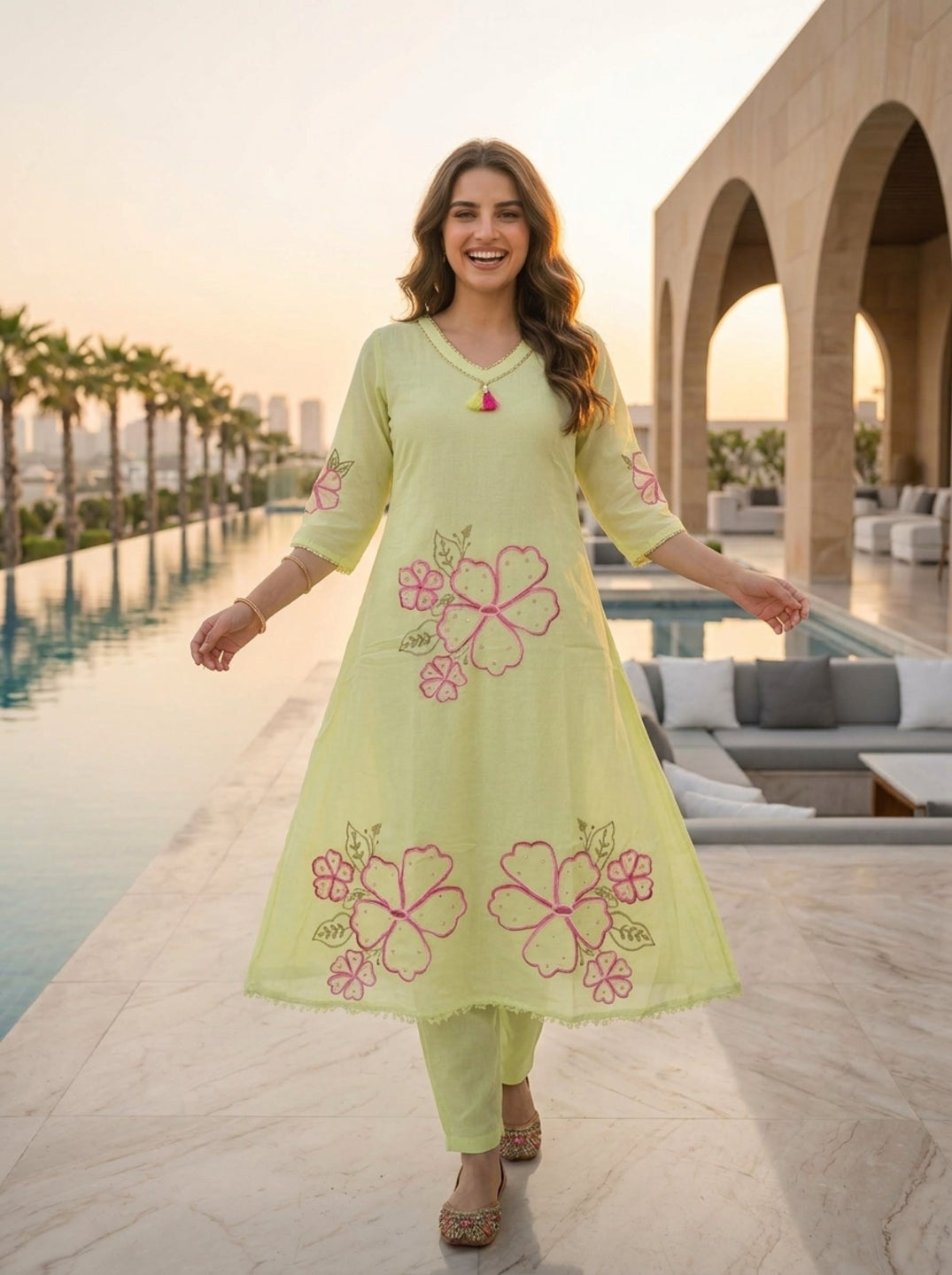 Pista Green Solid Floral Embroidered Cotton A-Line Kurta Set with Pant and Dupatta