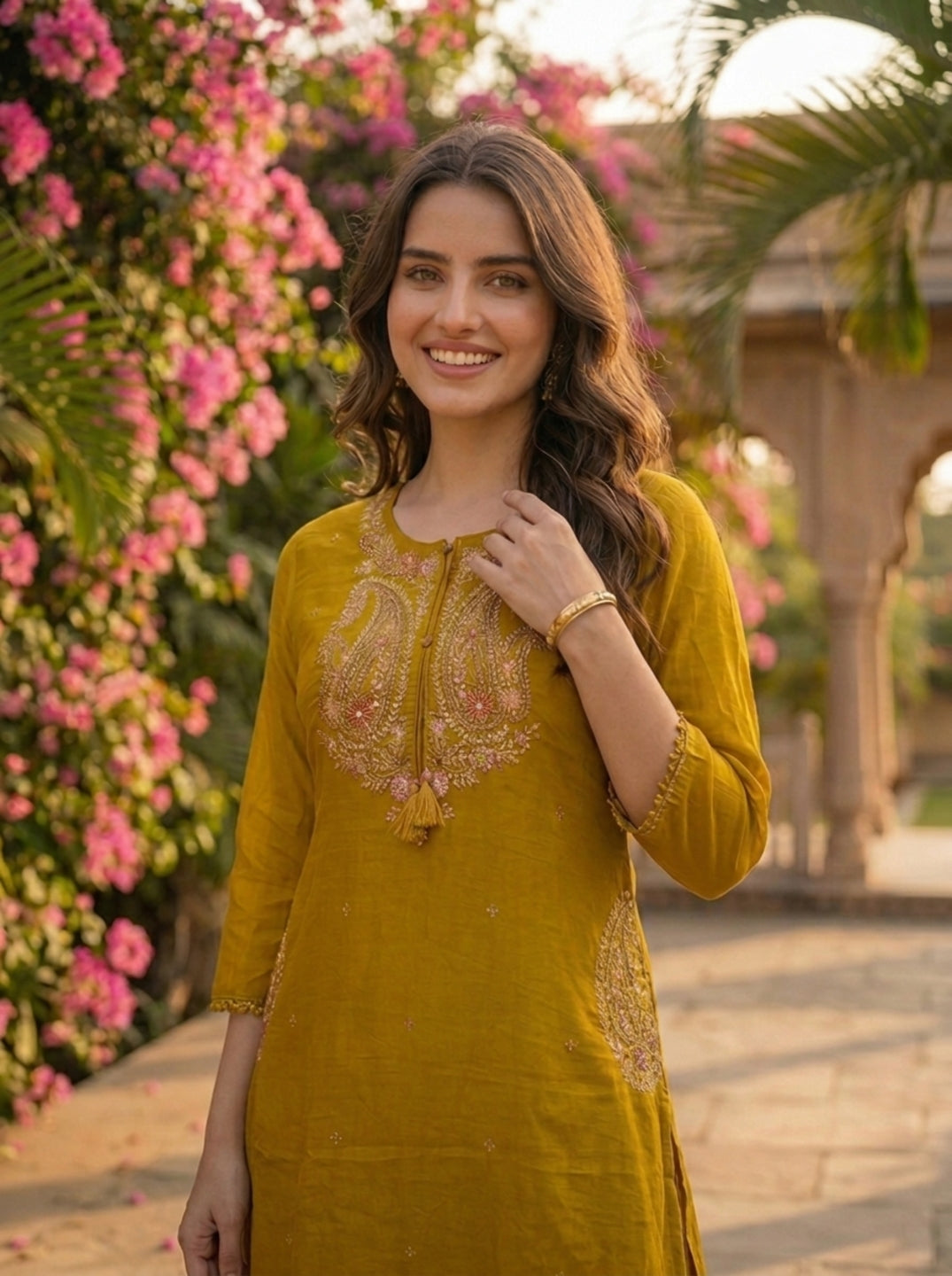 Mustard Green Solid Floral Embroidered Cotton A-Line Kurta Set with Pant and Dupatta