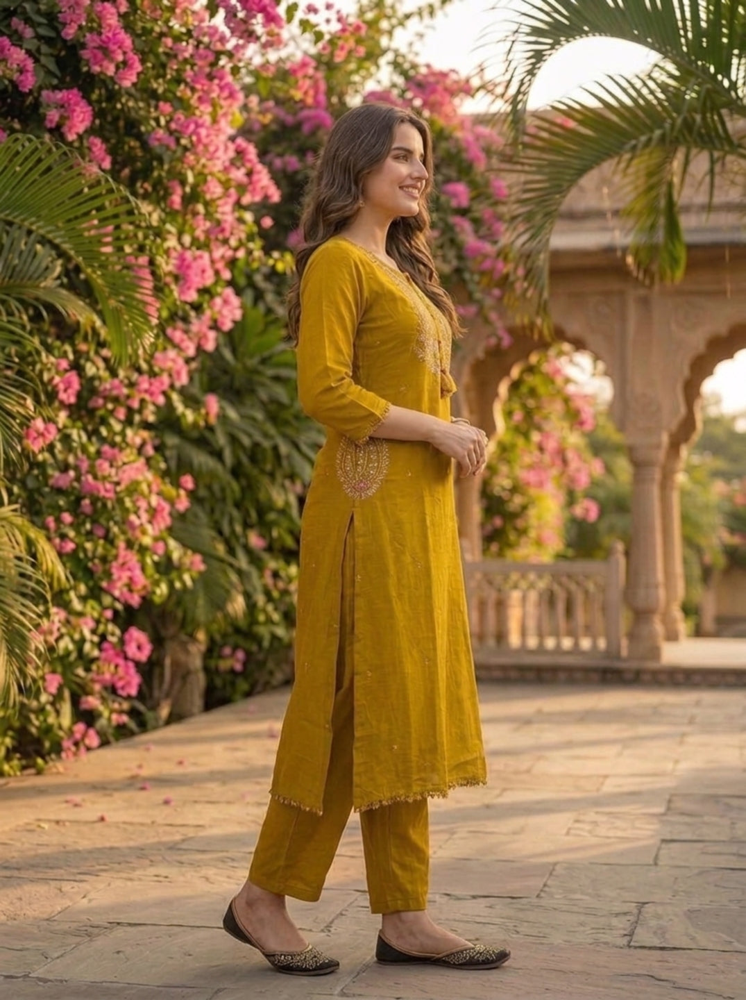 Mustard Green Solid Floral Embroidered Cotton A-Line Kurta Set with Pant and Dupatta