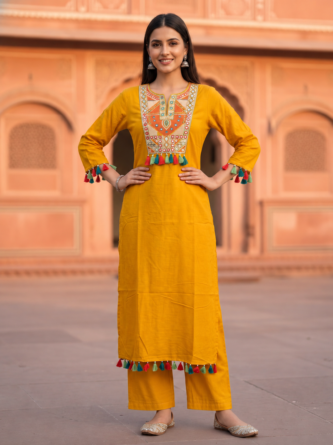 Mustard Yellow Solid Thread and Mirror Embroidered Cotton A-Line Kurta Set with Pant
