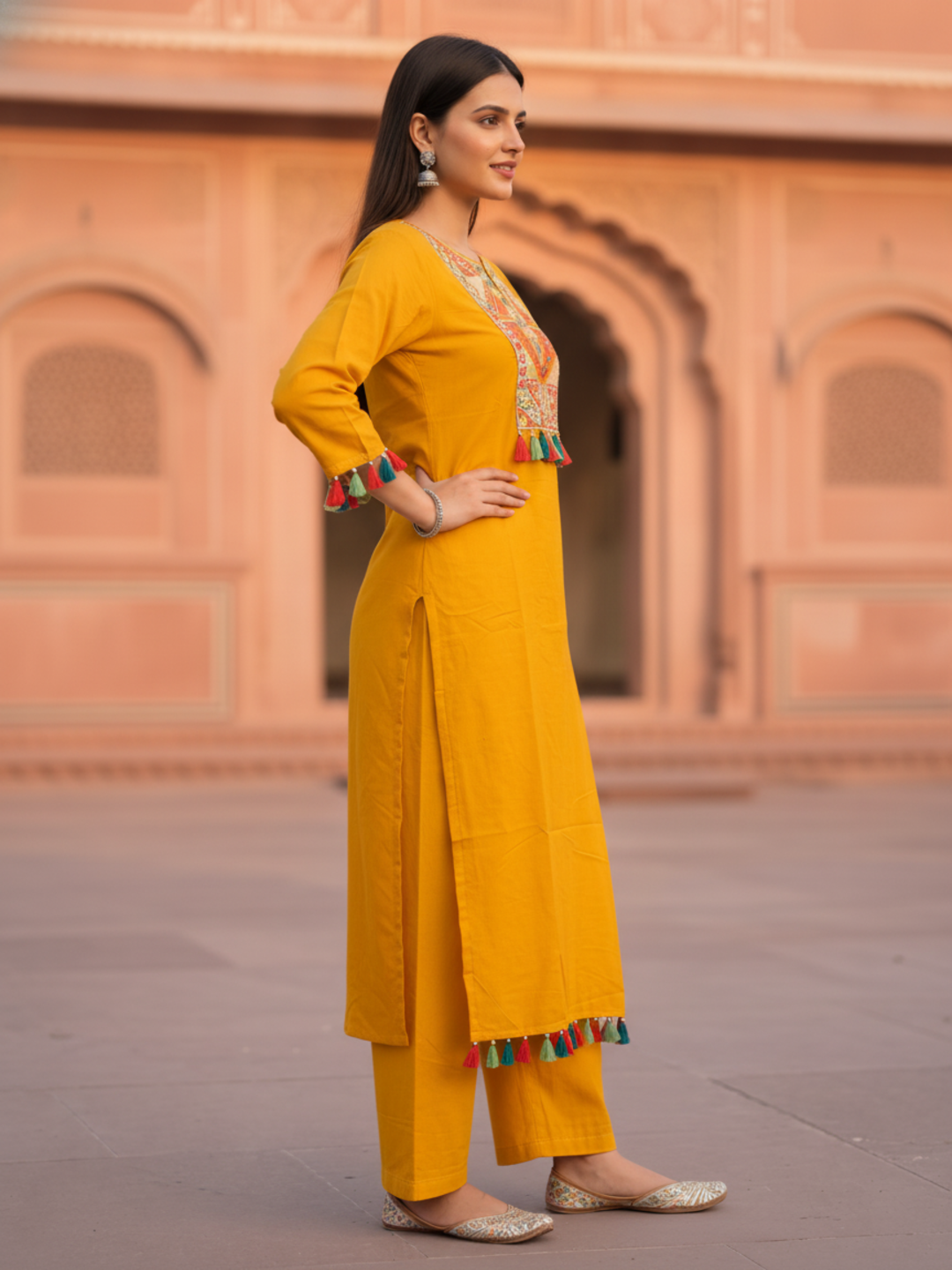 Mustard Yellow Solid Thread and Mirror Embroidered Cotton A-Line Kurta Set with Pant