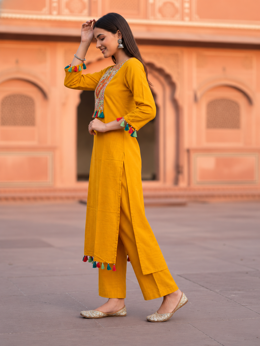 Mustard Yellow Solid Thread and Mirror Embroidered Cotton A-Line Kurta Set with Pant
