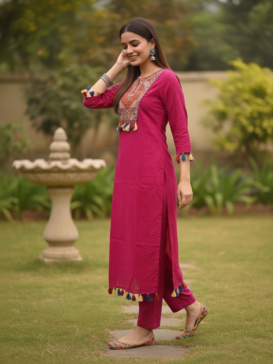 Magenta Solid Thread and Mirror Embroidered Cotton A-Line Kurta Set with Pant