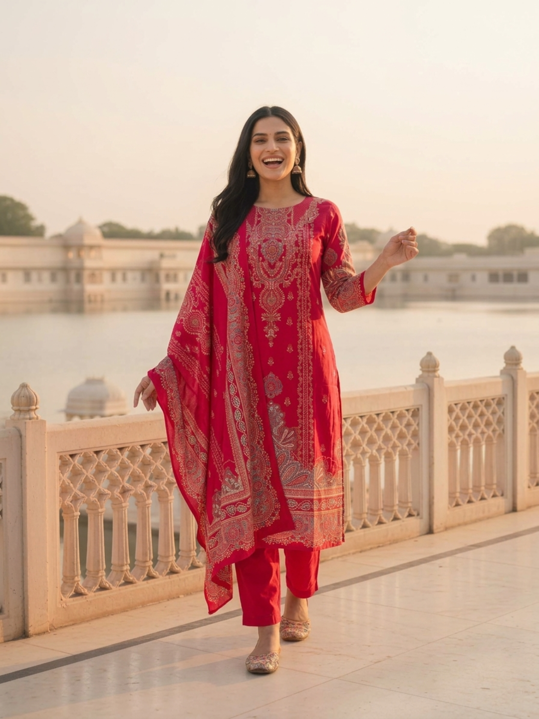 Crimson Red Floral Ethnic Printed Embroidered Chanderi Silk Straight Kurta Set with Pant and Dupatta