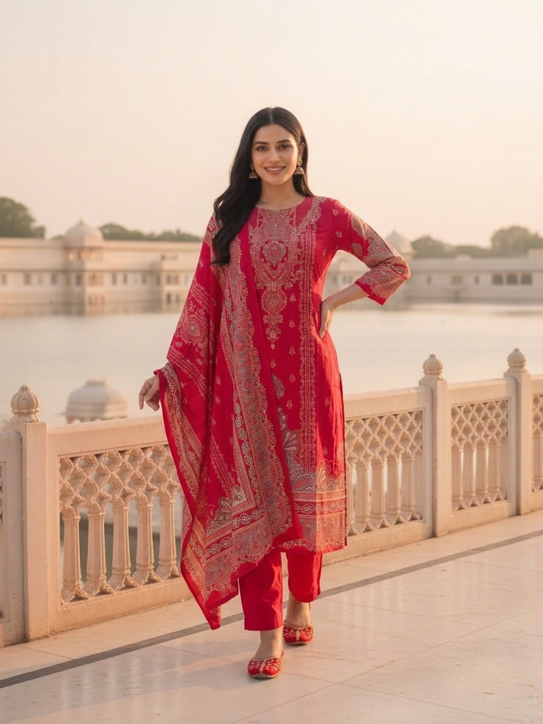 Crimson Red Floral Ethnic Printed Embroidered Chanderi Silk Straight Kurta Set with Pant and Dupatta