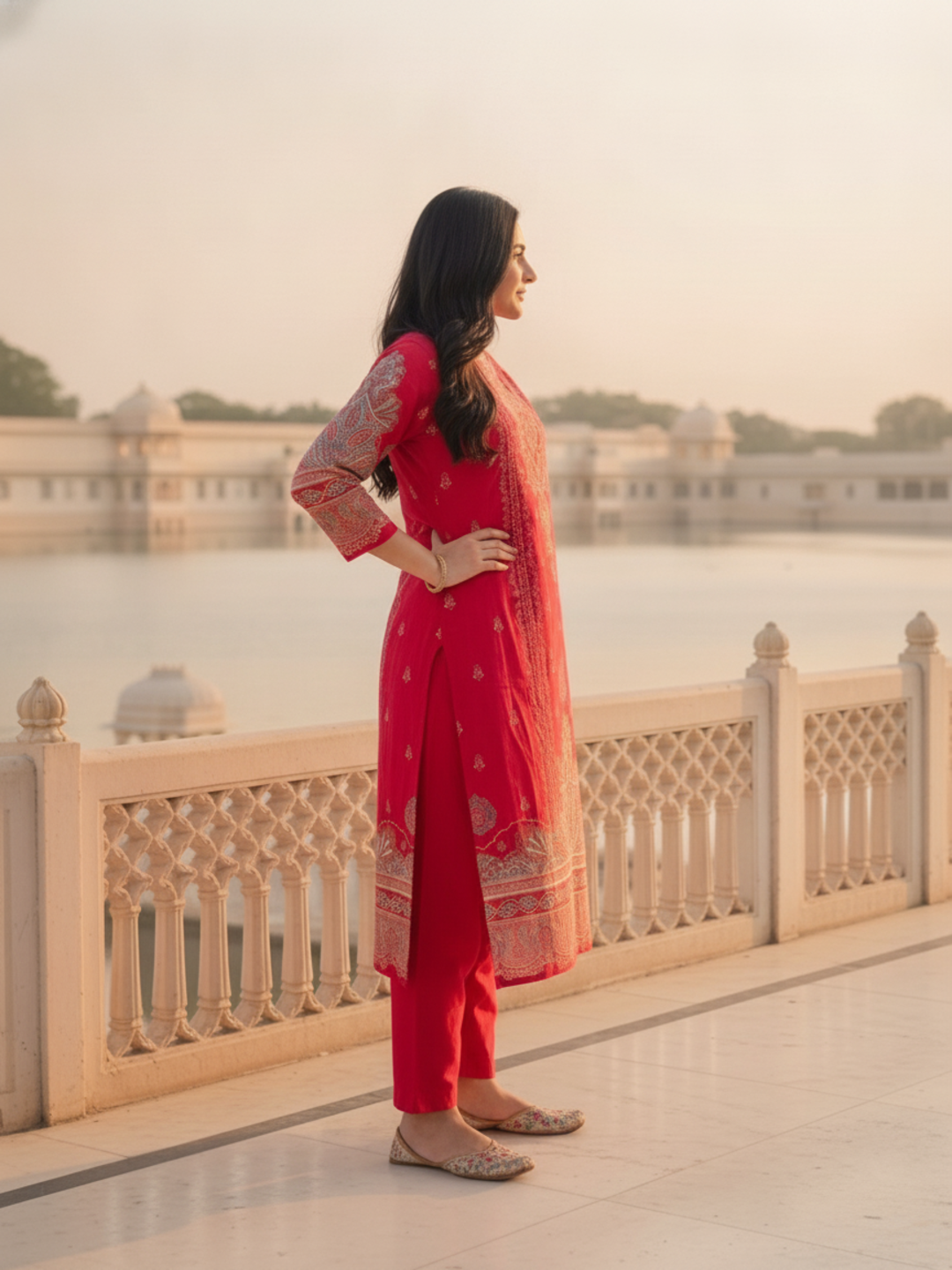 Crimson Red Floral Ethnic Printed Embroidered Chanderi Silk Straight Kurta Set with Pant and Dupatta