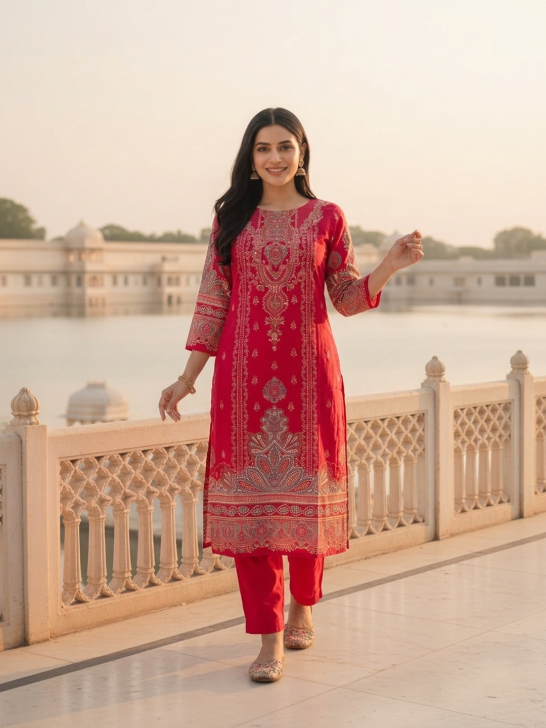 Crimson Red Floral Ethnic Printed Embroidered Chanderi Silk Straight Kurta Set with Pant and Dupatta