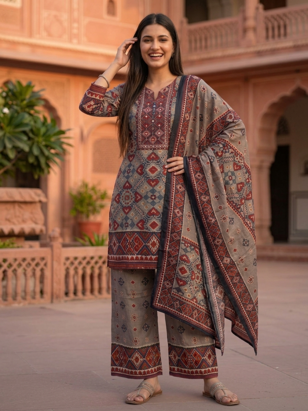 Ikat Printed Mirror Work Shantoon Straight Kurta Set with Palazzo and Dupatta-Taupe