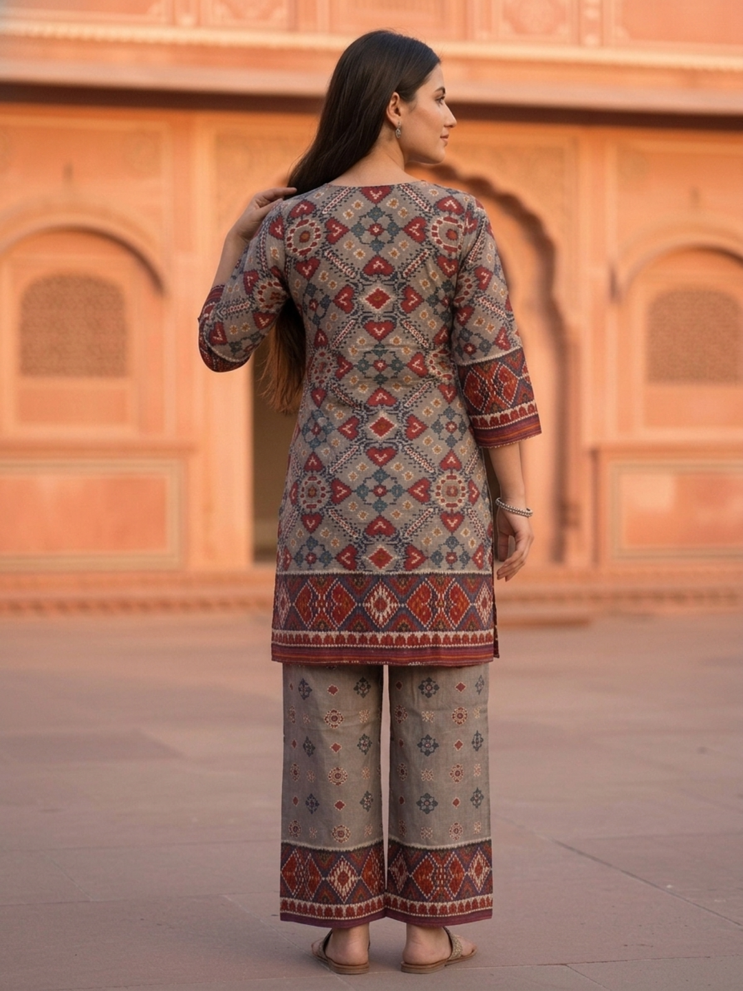 Ikat Printed Mirror Work Shantoon Straight Kurta Set with Palazzo and Dupatta-Taupe