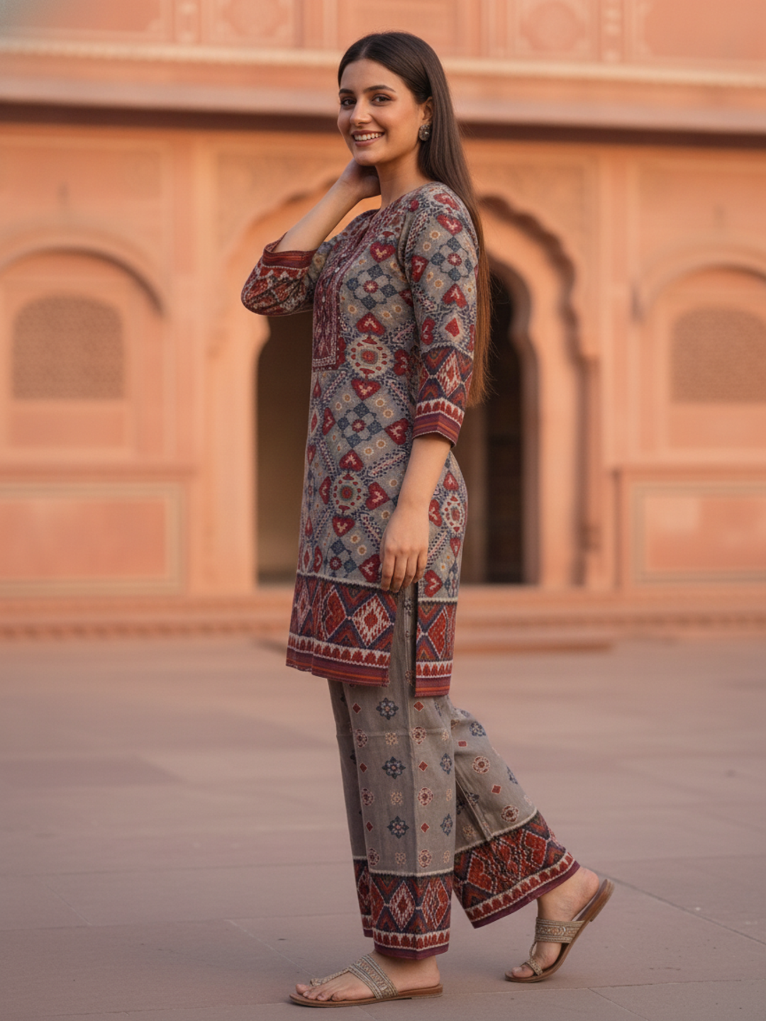 Ikat Printed Mirror Work Shantoon Straight Kurta Set with Palazzo and Dupatta-Taupe