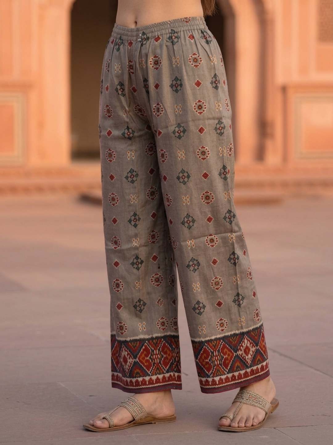 Ikat Printed Mirror Work Shantoon Straight Kurta Set with Palazzo and Dupatta-Taupe