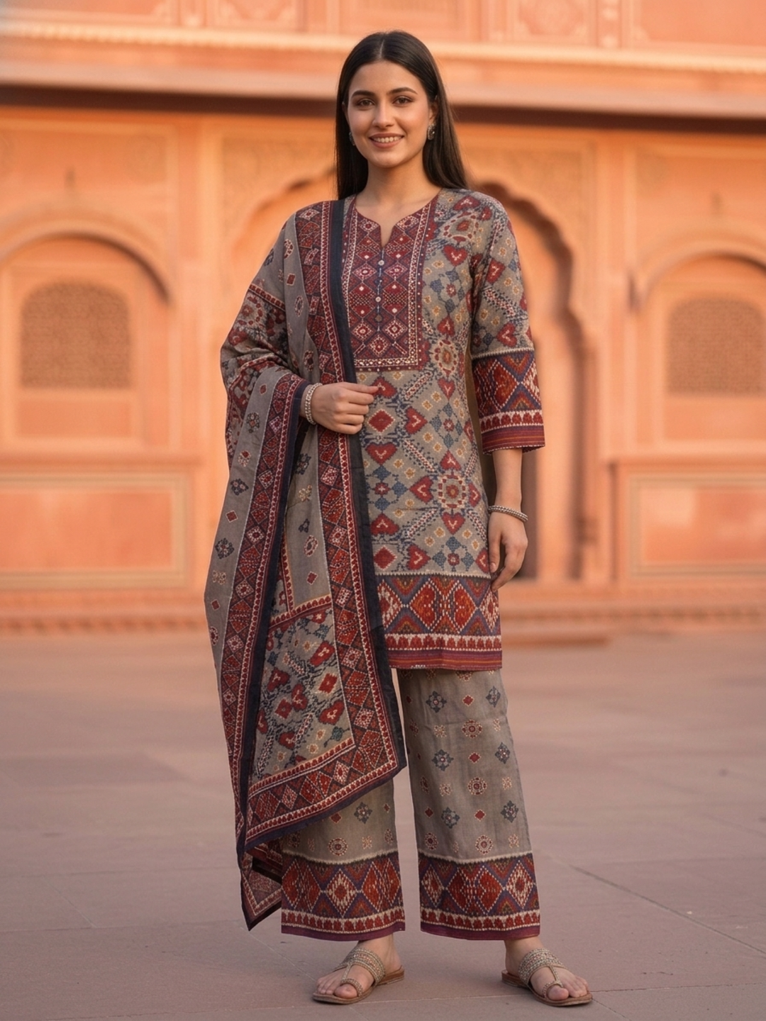 Ikat Printed Mirror Work Shantoon Straight Kurta Set with Palazzo and Dupatta-Taupe