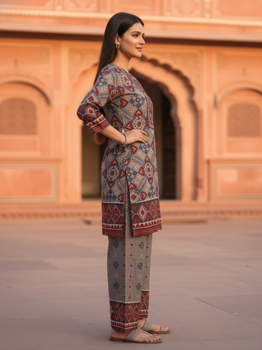 Ikat Printed Mirror Work Shantoon Straight Kurta Set with Palazzo and Dupatta-Taupe