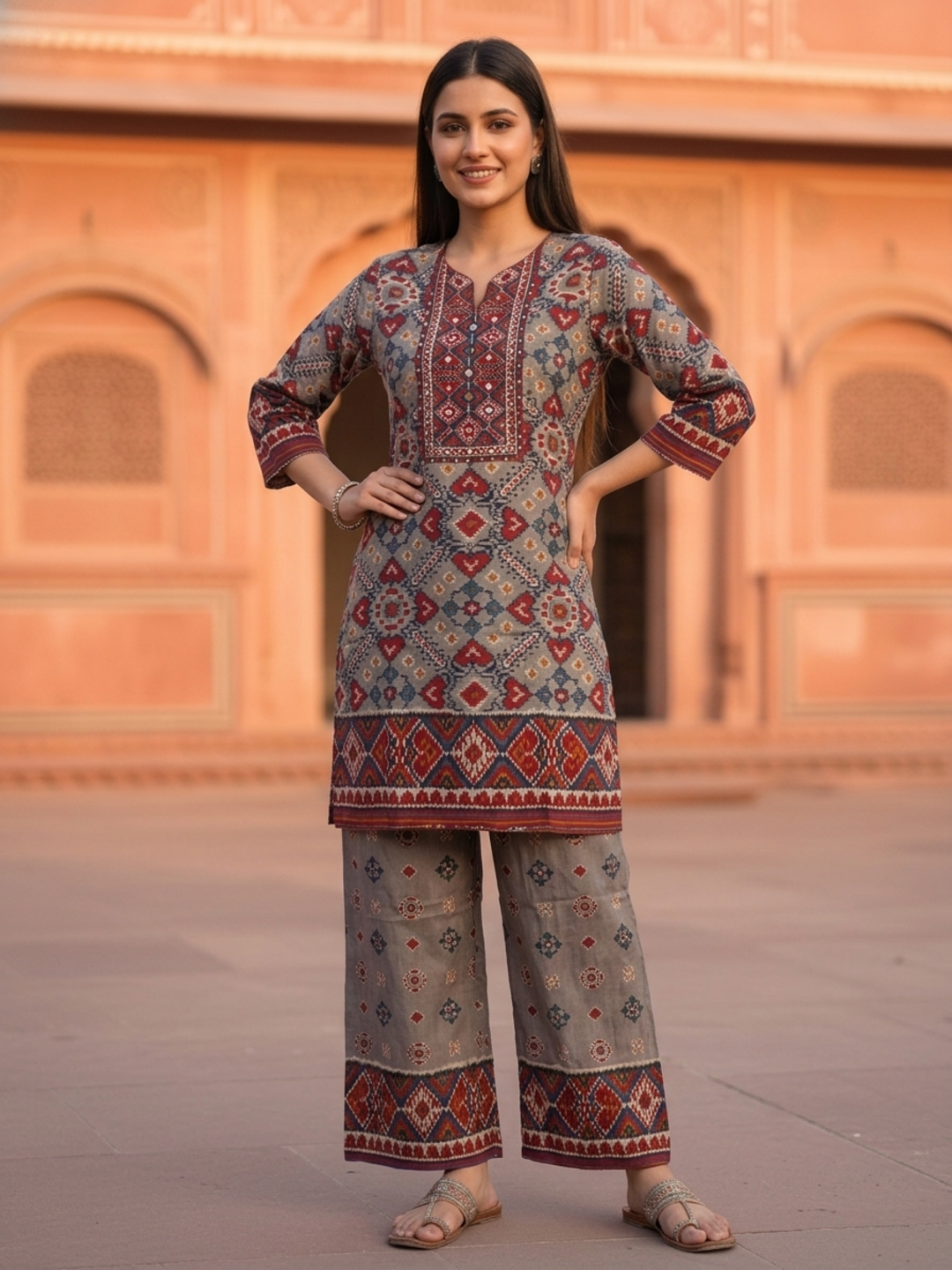 Ikat Printed Mirror Work Shantoon Straight Kurta Set with Palazzo and Dupatta-Taupe