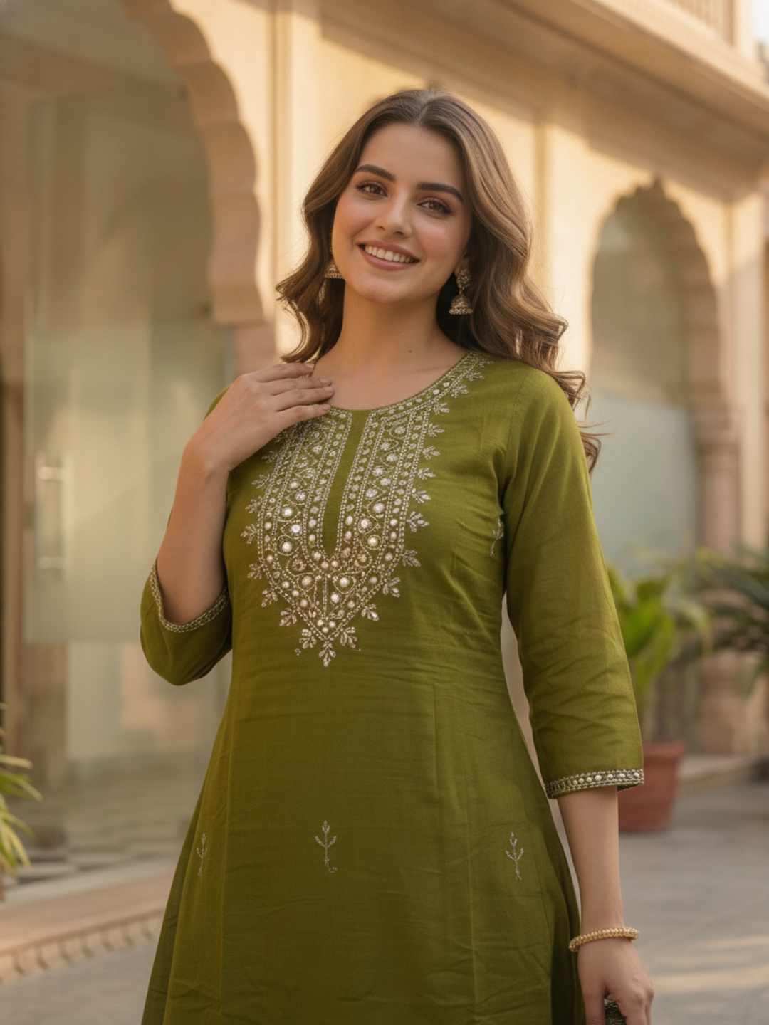 Olive Green Solid Mirror Embroidered Cotton A-Line Kurta Set with Palazzo and Dupatta