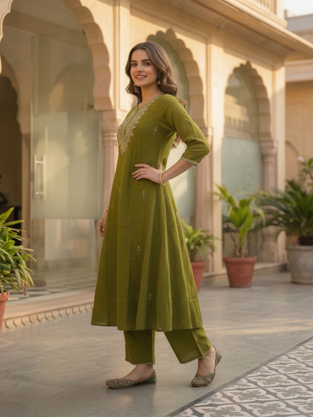 Olive Green Solid Mirror Embroidered Cotton A-Line Kurta Set with Palazzo and Dupatta