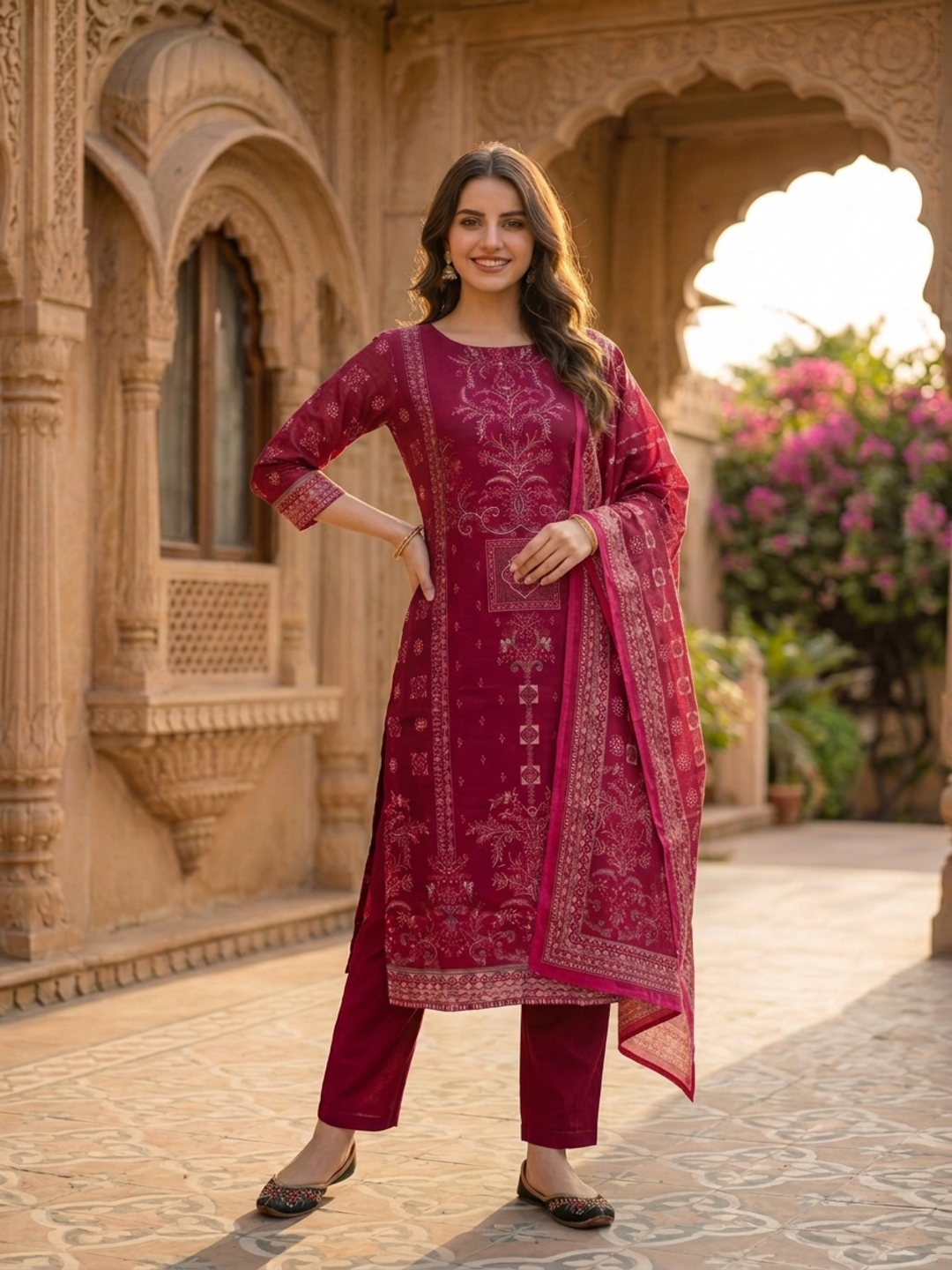 Magenta Floral Ethnic Printed Embroidered Chanderi Silk Straight Kurta Set with Pant and Dupatta