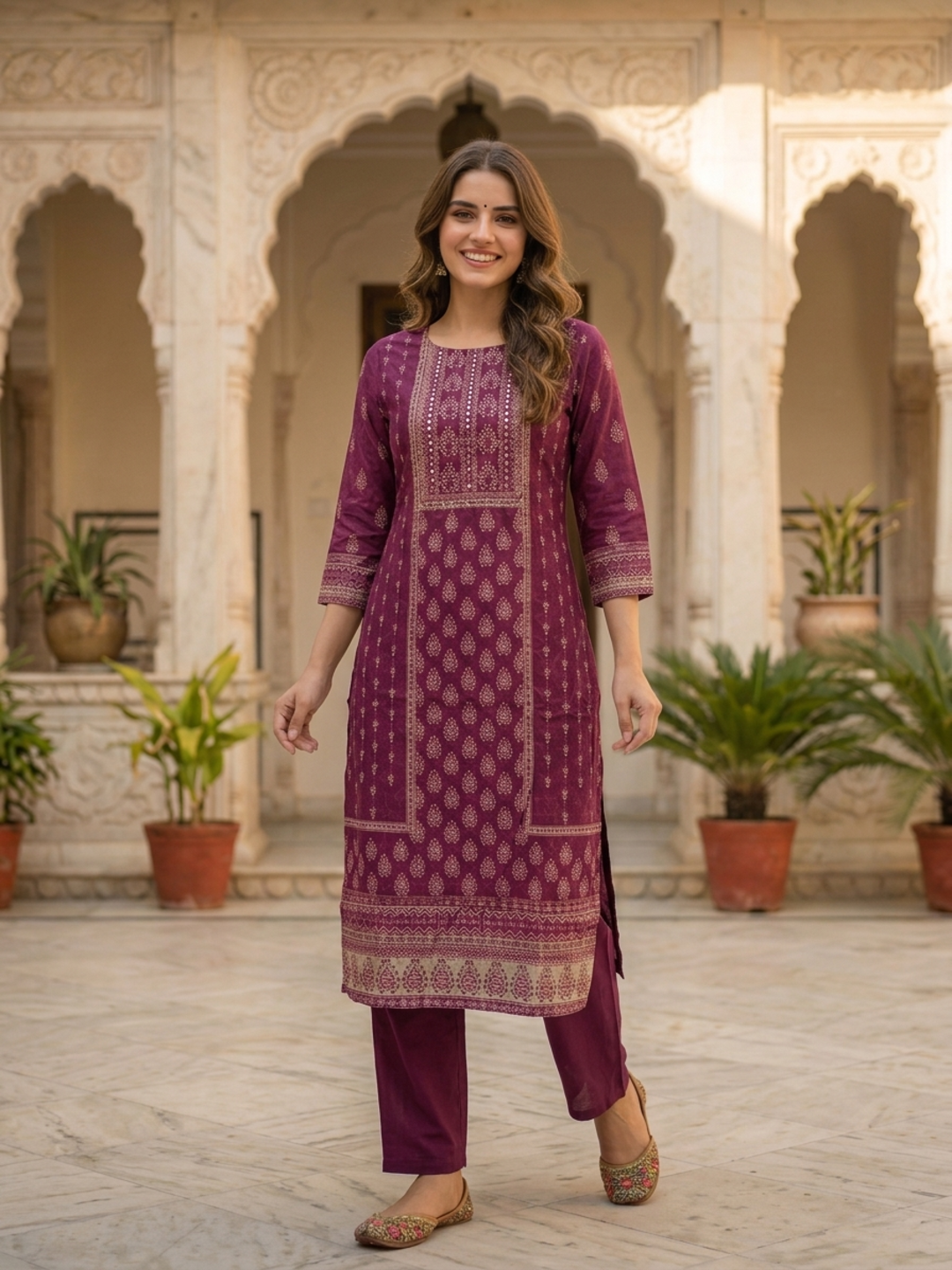 Plum Purple Floral Ethnic Printed Embroidered Chanderi Silk Straight Kurta Set with Pant and Dupatta