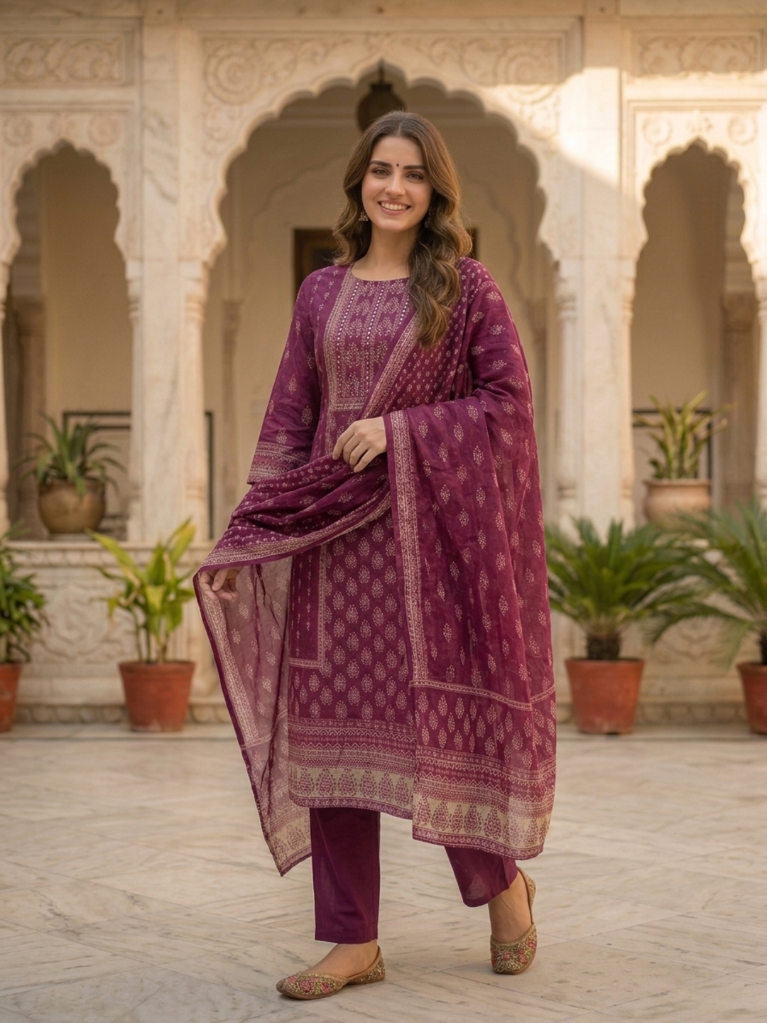 Plum Purple Floral Ethnic Printed Embroidered Chanderi Silk Straight Kurta Set with Pant and Dupatta