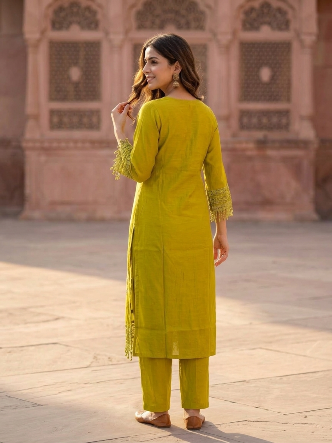 Lime Green Solid Floral Embroidered Lace Work Chanderi Silk Straight Kurta Set with Palazzo and Dupatta