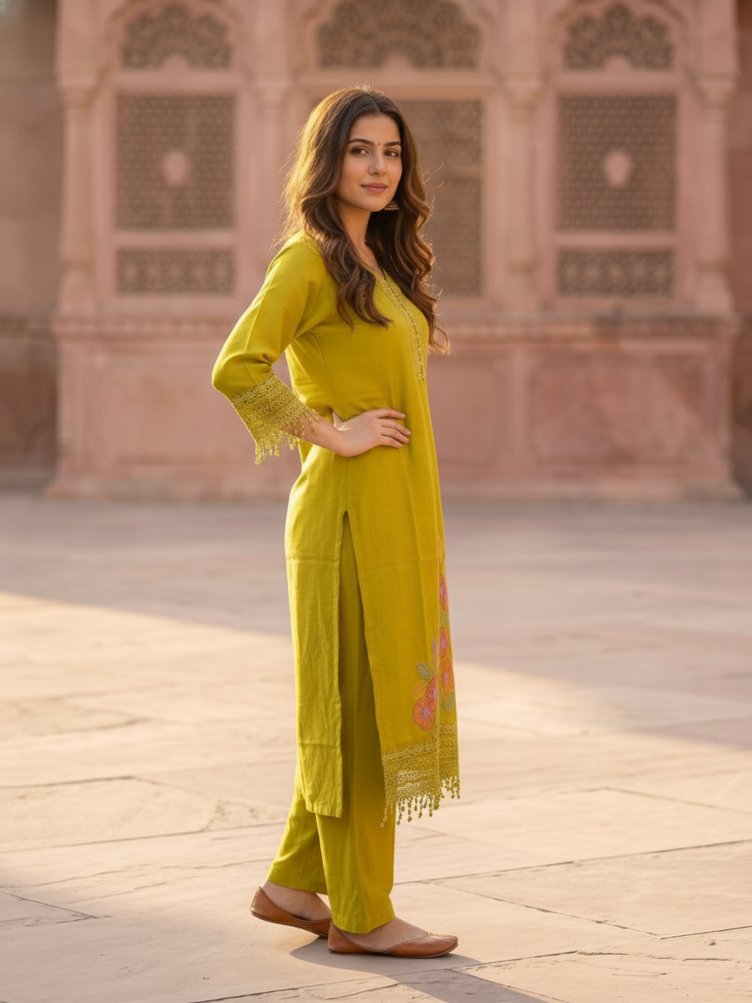 Lime Green Solid Floral Embroidered Lace Work Chanderi Silk Straight Kurta Set with Palazzo and Dupatta