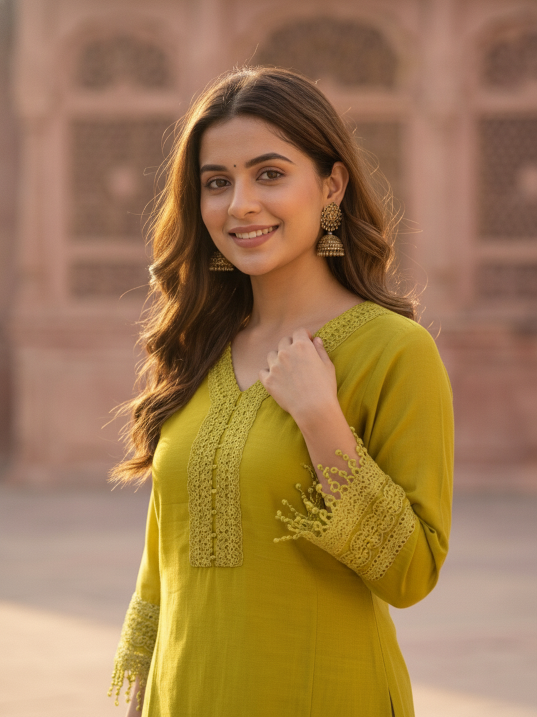Lime Green Solid Floral Embroidered Lace Work Chanderi Silk Straight Kurta Set with Palazzo and Dupatta