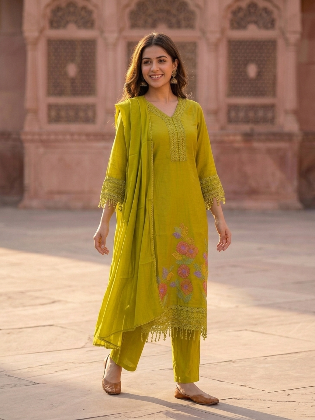 Lime Green Solid Floral Embroidered Lace Work Chanderi Silk Straight Kurta Set with Palazzo and Dupatta